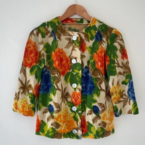Vtg 50's 60's I. Magnin Made in West Germany Knit Floral Wool Button Up Cardigan - Picture 1 of 8
